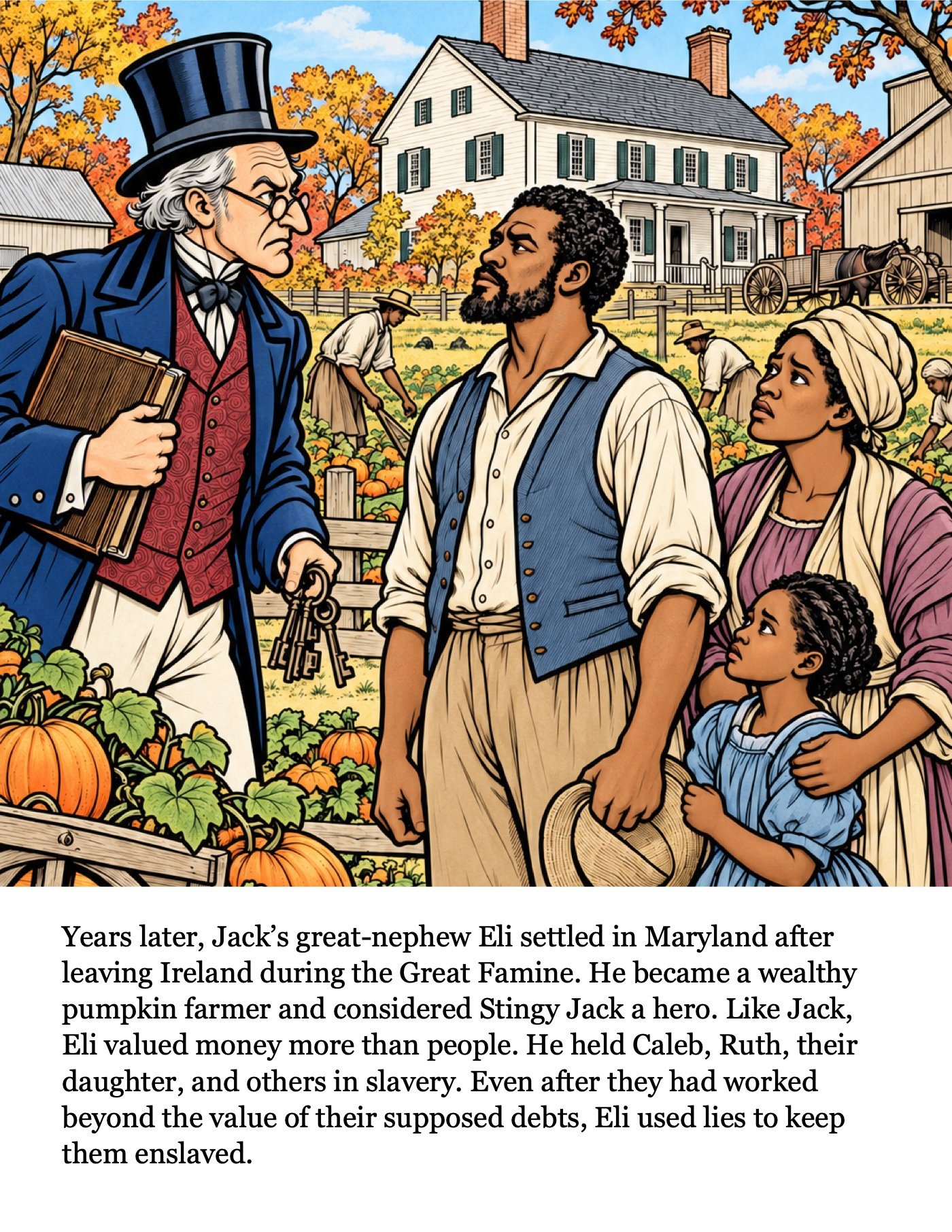 Page 2: Years later, Jack’s great-nephew Eli settled in Maryland after leaving Ireland during the Great Famine. He became a wealthy pumpkin farmer a