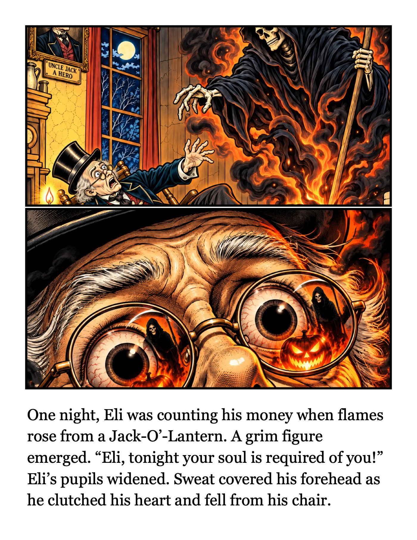 Page 3: One night, Eli was counting his money when flames rose from a Jack-O’-Lantern. A grim figure emerged. “Eli, tonight your soul is required of