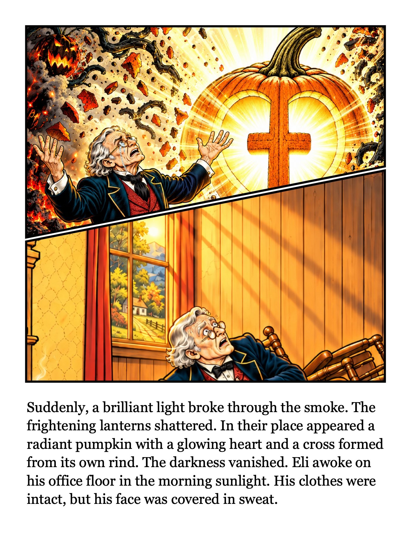 Page 5: Suddenly, a brilliant light broke through the smoke. The frightening lanterns shattered. In their place appeared a radiant pumpkin with a gl
