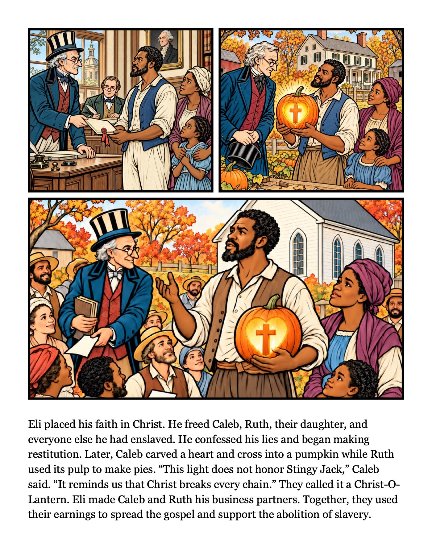 Page 6: Eli placed his faith in Christ. He freed Caleb, Ruth, their daughter, and everyone else he had enslaved. He confessed his lies and began mak